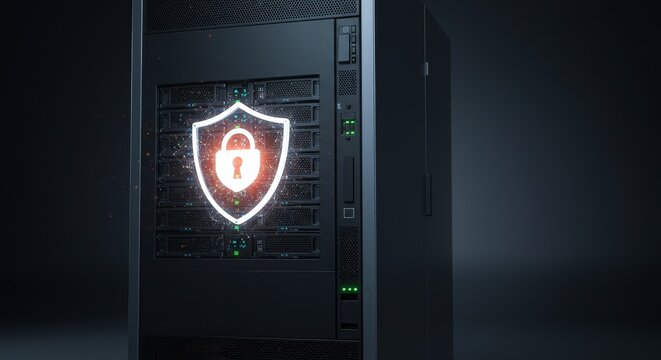 Secure Server Data Protection - Data security, server protection, shield, network safety, information privacy. Concept symbolizes secure data storage and robust system protection