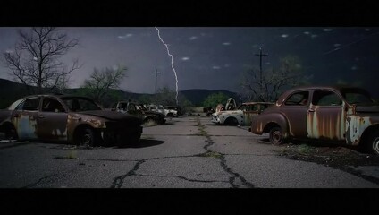 Abandoned, rusted vintage cars sit in disrepair on a cracked asphalt lot during a fierce lightning storm with dark, ominous clouds. - Powered by Adobe