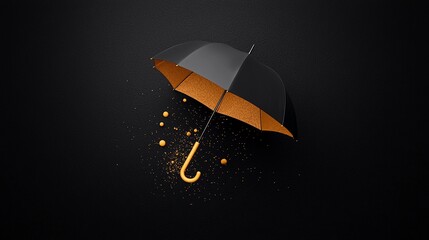 Black and Gold Umbrella with Golden Rain on Dark Background