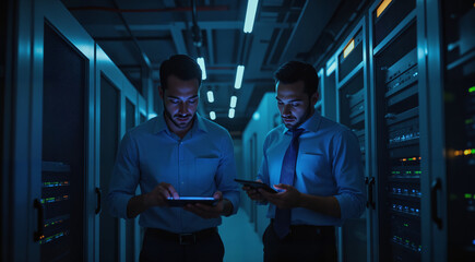 IT Professionals in Server Room - Network Administrators Using Digital Tablets with Blue Light Ambience for System Administrator Day Celebration and Technical Support Representation