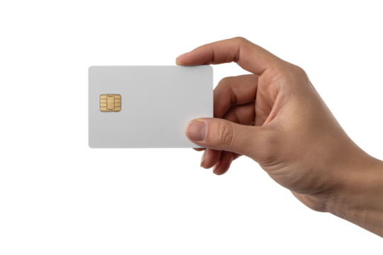 Hand holding blank credit card with gold chip on transparent background for finance or payment concept.