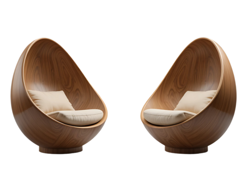 Two wooden half-sphere chairs with beige cushions on a light background