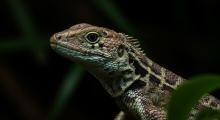 Fototapeta premium Elegant Lizard Portrait - Close-up of a lizard with intricate scales, set against a dark background. Its eye is sharply focused
