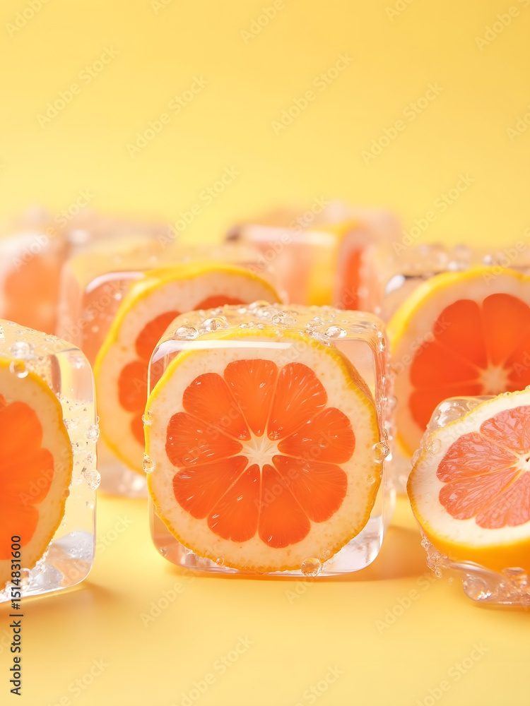Poster grapefruit slices frozen in ice cubes, creating a cool and refreshing summer aesthetic.