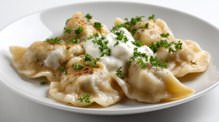 Polish pierogi dumplings with sour cream.