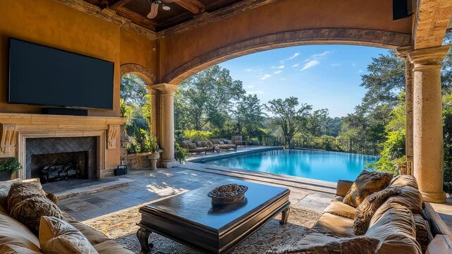 Serene outdoor living space featuring a fireplace, comfortable seating, and a refreshing swimming pool with scenic landscape backdrop