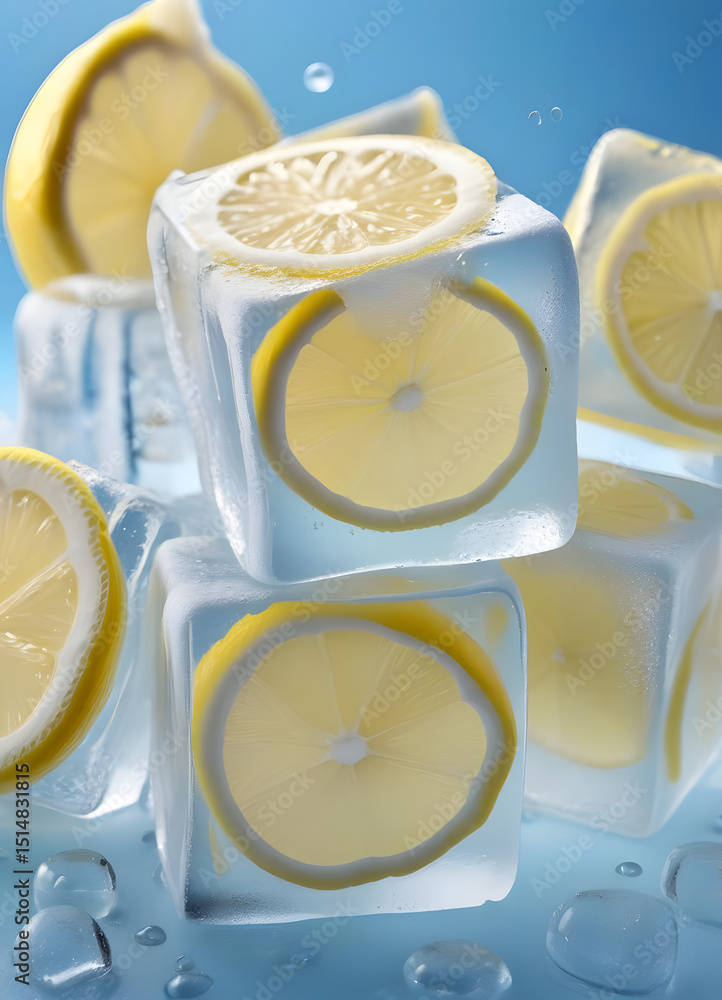 Poster vibrant lemon slices encased in clear ice cubes, creating a refreshing and visually appealing image.