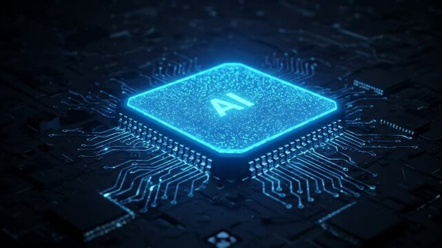 Futuristic Glowing AI Chip Embedded in Digital Circuit Board Design