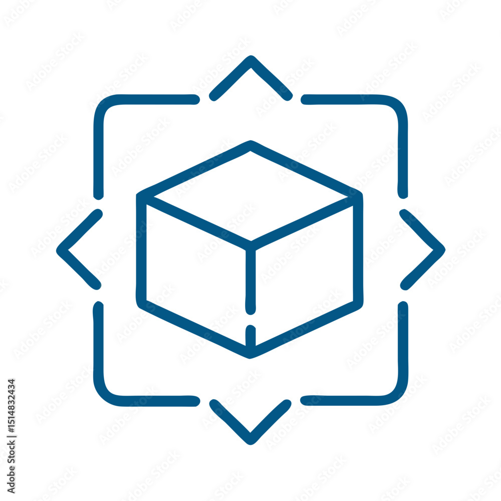 Poster 3d cube icon with outline and arrows in minimalistic design