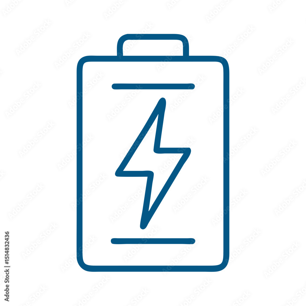 Poster battery icon with lightning bolt in simple line art style