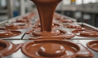 Chocolate Manufacturing Process – Automated Molding Machine Pouring Liquid Chocolate into Molds for Chocolate Factory Tours and World Chocolate Day Celebrations