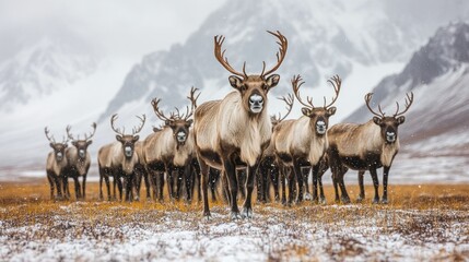 Obraz premium Arctic reindeer herd in snowy landscape (1)