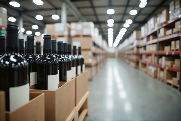 Wine Bottles in Cardboard Boxes – Warehouse Storage Facility with Shelving and Inventory for Order Fulfillment, Distribution Centers, and Packaged Orders Ready for Delivery