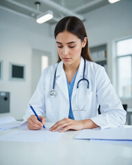 Healthcare Professional Documenting Patient Information – Female Doctor with Stethoscope Writing Medical Notes for Medical Support, Awareness Campaigns, and World Hepatitis Day Resources