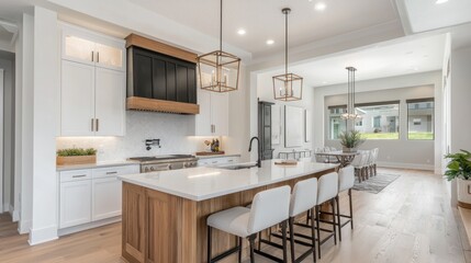Modern Farmhouse Kitchen Design, White Cabinets, Island, and Open Concept Dining