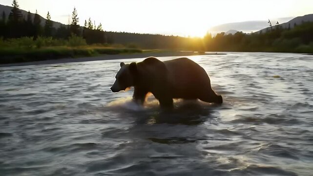 Brown Bear Standing in Rushing River at Sunset with Forest Background in Wilderness