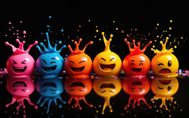 Colorful 3D Emoji Characters with Paint Splash Background – Happy Smiling Faces in Vibrant Colors for Emoji Day Celebrations, Social Media Posts, and Digital Communication Content