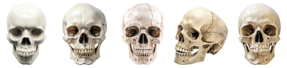 Collection of Human Skulls Displaying Different Perspectives and Textures, PNG bundle collection, Isolated on Transparent Background
