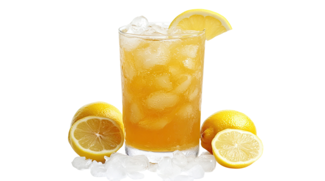Refreshing iced tea with lemon slices and ice cubes isolated on black.