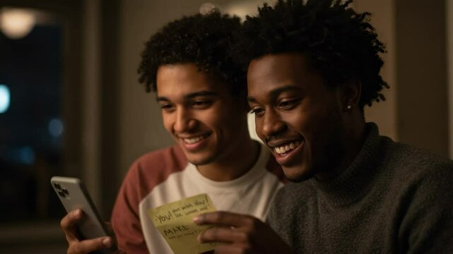 Joyful Young Black Men Sharing a Happy Moment While Using a Smartphone and Holding Notes in a Cozy Indoor Setting