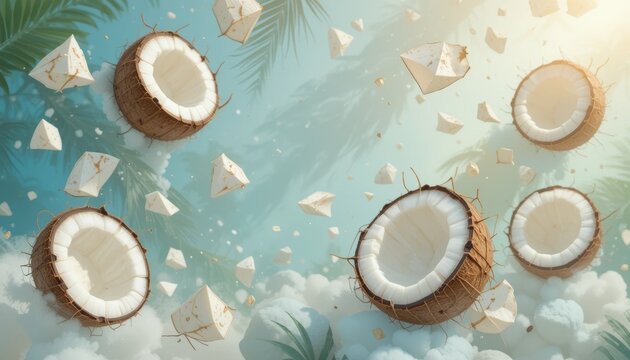 Floating Coconuts and Pieces on Tropical Sky Background