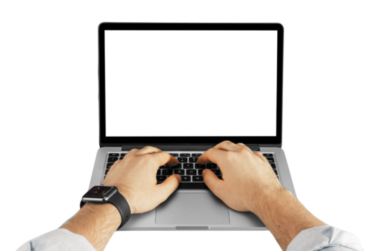 Hands Typing on Laptop with Blank Screen Mockup