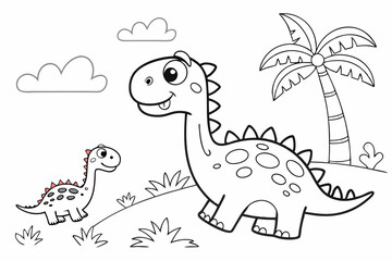 kids coloring page, dinosaurs, cartoonish, friendly, thick outlines, no color
