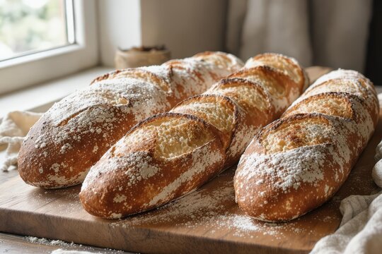 Close-up of Freshly Baked Baguettes Covered in Flour