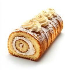 Fototapeta premium Delicious Swiss roll cake with creamy filling and decorative whipped cream frosting, perfect for desserts and special occasions