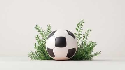 Soccer Ball Nestled Among Lush Green Foliage Against a Textured White Background