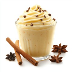 Rich creamy vanilla custard dessert topped with chocolate sprinkles in a glass with cinnamon sticks and star anise for flavor and presentation
