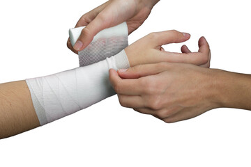 Hands Applying White Medical Bandage on Arm