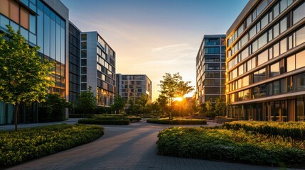 Modern Architecture at Sunset, Serene Urban Oasis