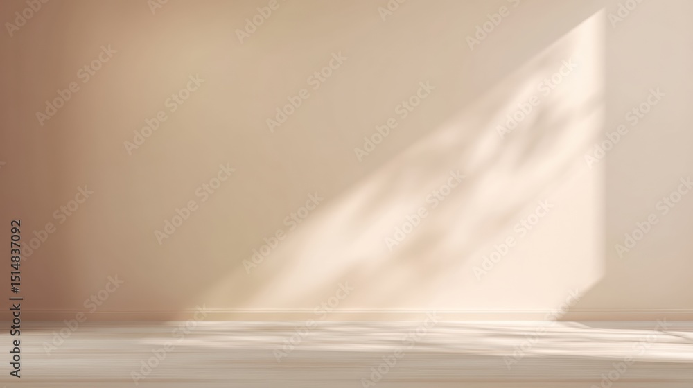 Poster sunlight streams through a window, casting soft shadows on an empty, beige wall and floor in a minim