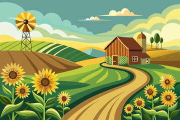 Fototapeta premium Peaceful Farmland Scene with Sunflowers and Barn vector