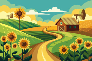 Fototapeta premium Peaceful Farmland Scene with Sunflowers and Barn vector