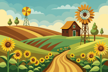 Fototapeta premium Peaceful Farmland Scene with Sunflowers and Barn vector