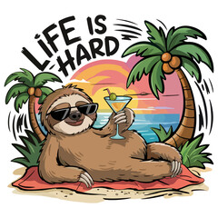 A lazy sloth animal drinking juice summer beach and sunset vector icon © Pushpa
