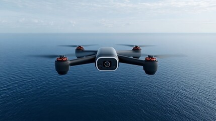 Modern Drone Flying Over a Deep Blue Ocean