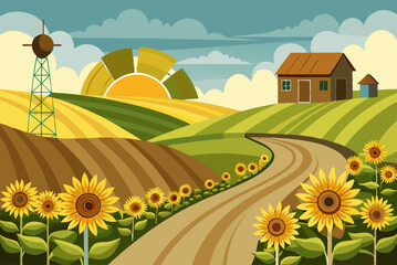 Fototapeta premium Peaceful Farmland Scene with Sunflowers and Barn vector