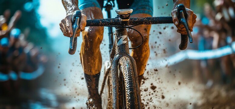 Cyclocross rider navigating a muddy course with intense determination and focus - Powered by Adobe