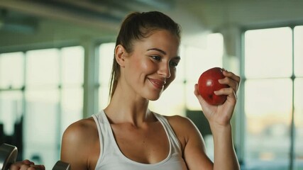 Young attractive Caucasian woman with beautiful athletic body holding red apple and dumbbells in gym, looking happy and healthy against gym interior background. Healthy lifestyle and fitness concept. - Powered by Adobe
