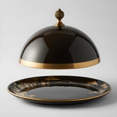 Black and Gold Cloche with Decorative Serving Platter on White Background &ndash; Luxury Tableware with Asian-Inspired Design