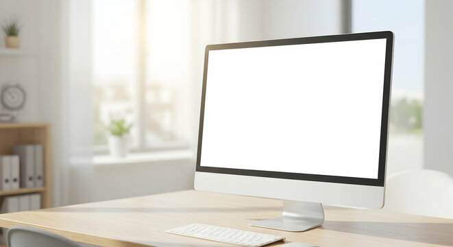 Modern all in one desktop computer mockup bright office workspace blank screen technology