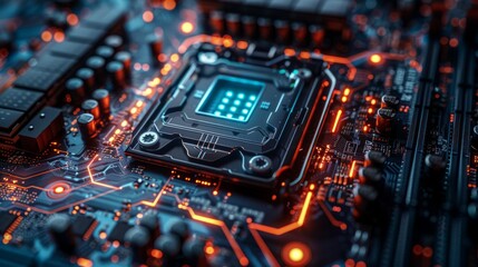 Fototapeta premium High-Tech Motherboard with Glowing Circuitry in a Futuristic Electronic Environment