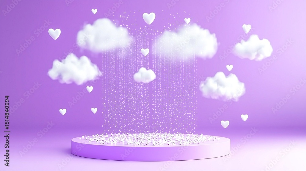 Poster soft lilac background with floating hearts and clouds
