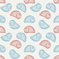 Colorful Tropical seashells seamless pattern. Mediterranean summer abstract background. Hawaii marine background.Vector folk art Hand drawn illustration for seasonal design, surface,holiday vacation.
