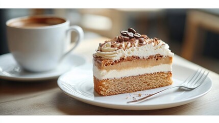 Delicious layered dessert cake topped with cream and chocolate on a white plate next to a hot coffee cup in a cozy cafe setting