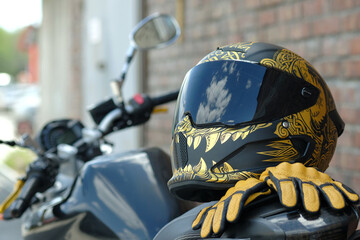 Motorsport.Sports motorcycles and accessories.A protective motorcycle helmet and leather gloves are...