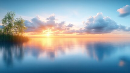 Fototapeta premium Beautiful Sunset Reflection in Calm Waters with Cloudy Sky and Sunlight